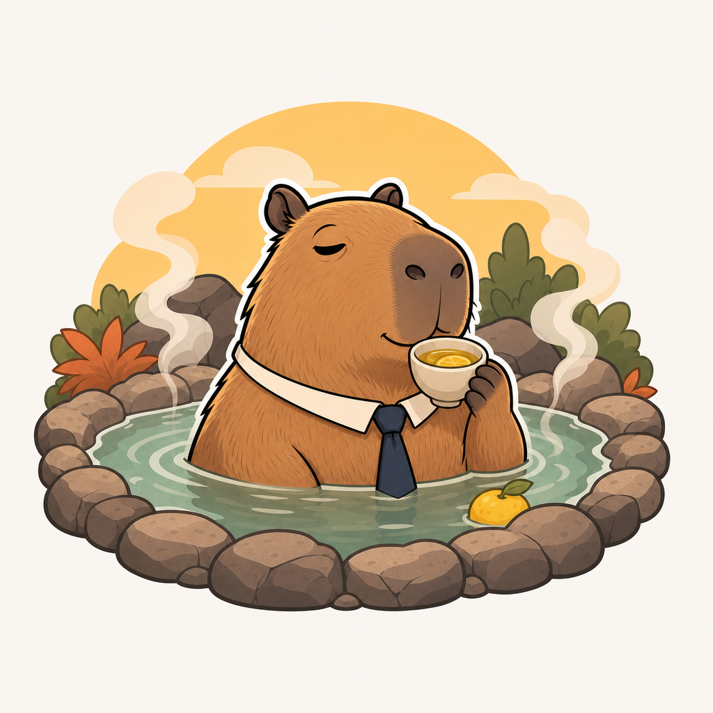 Close view of the Capybara CEO holding a cup of yuzu tea in the hot spring