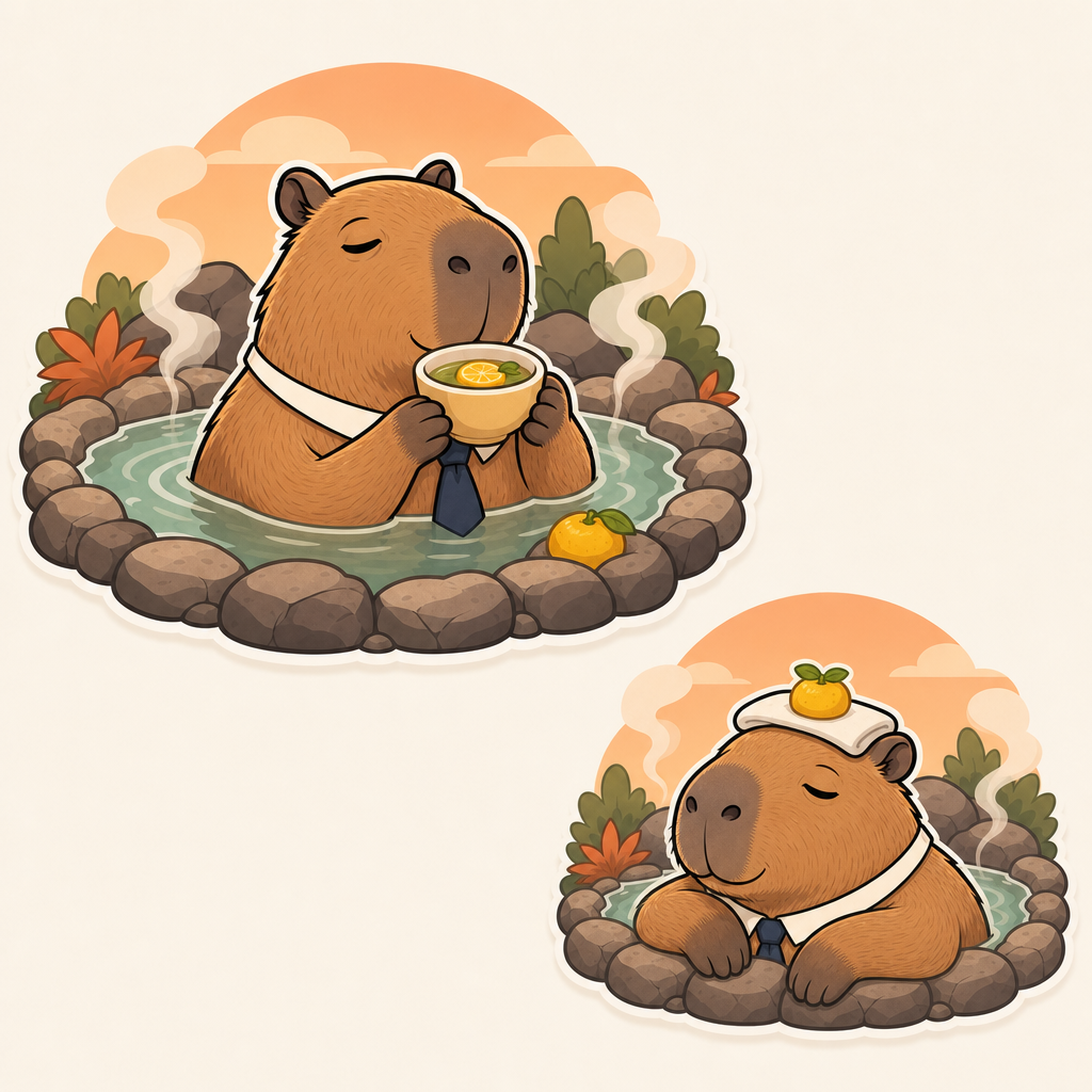 Two sticker illustrations of the Capybara CEO, one sipping tea and one napping with a yuzu fruit balanced on his cap