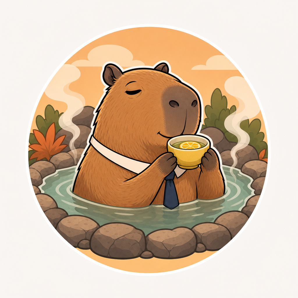 Capybara CEO avatar, eyes closed, sipping tea