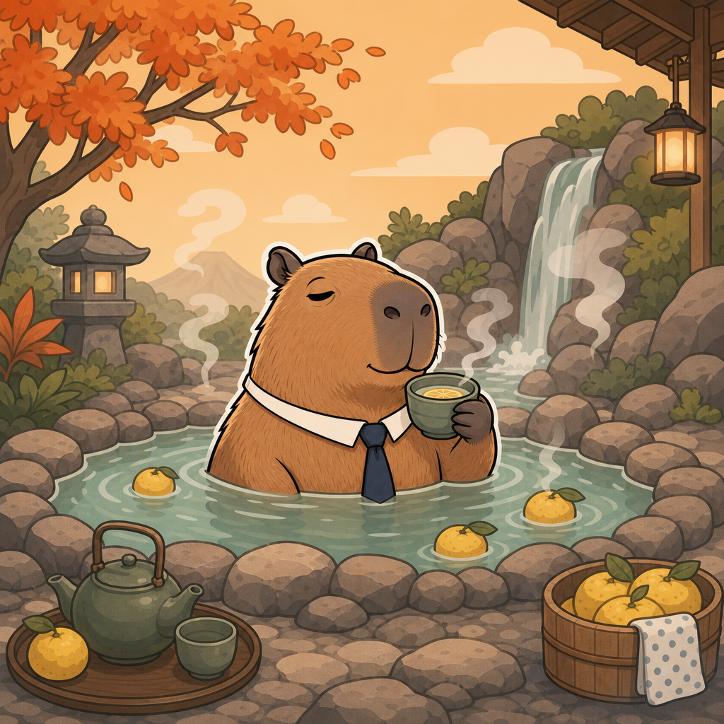 Wide view of the hot spring boardroom at dusk, with a stone lantern, a waterfall, floating yuzu fruit, and mountains beyond